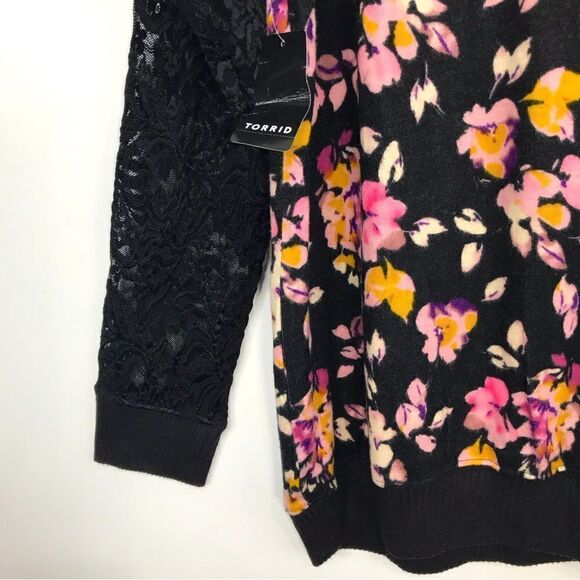 Torrid Black Pink Floral Lace Sleeve Soft Pullover Knit Top NEW - Picture 9 of 13